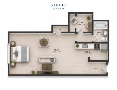 Floor plan for studio, 1 bath, 524 sqft